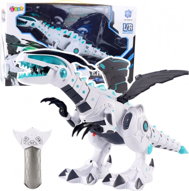 RC robot dinosaurus na diaľkové ovládanie so svetlami a zvukmi – biely