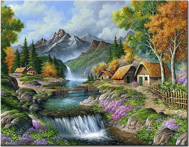 Norimpex Diamantové maľovanie Chata pri horskej rieke 30x40cm