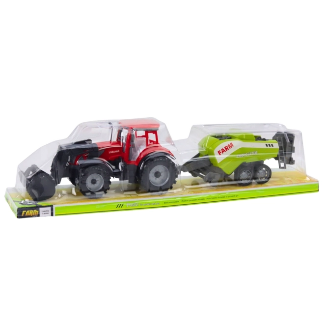 Červený traktor s nakladačom a balíkovačom