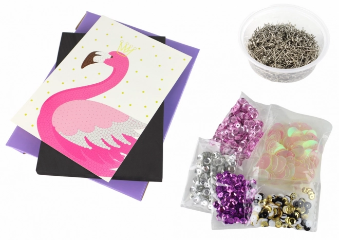 Kreatívny set DIY flitrové špendlíky rámček Flamingo