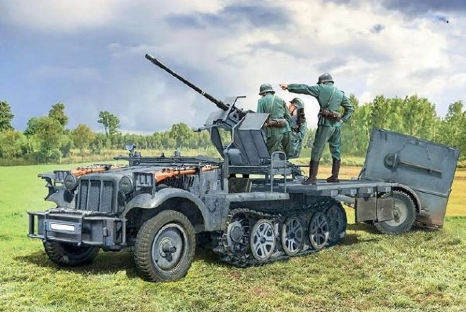 Model vojenského vozidla Sd.Kfz 10/4 s Flak 30 a posádkou 1/35