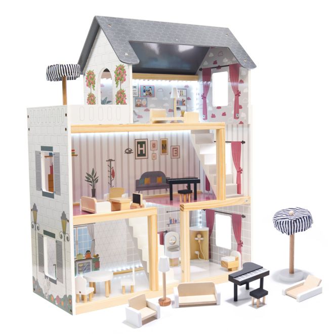 Drevený domček pre bábiky s nábytkom a LED osvetlením - 78 cm