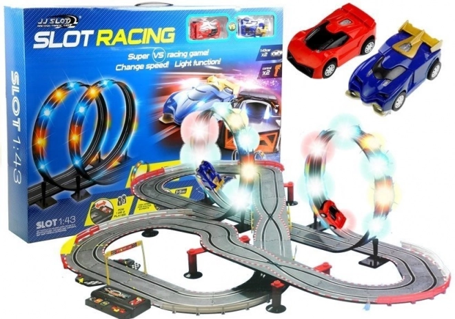 Závodná dráha s dvoma autíčkami Slot Cars 1:43 s loop a svetlami