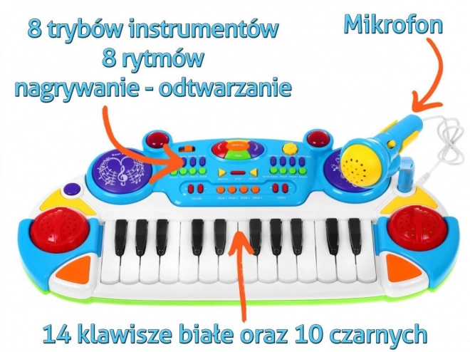 Hudobný set Klávesy + Bicie + Mikrofón pre deti 3+ Svetlá + Zvuky 2 oktávy