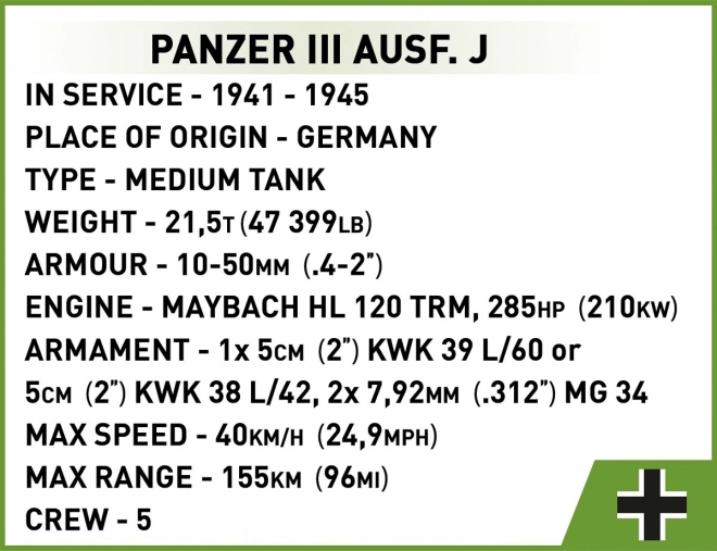 COBI II WW Panzer III Ausf J, 1:35, 590 k, 1 figúrka