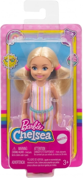 Bábika BARBIE Chelsea v ružovom pruhovanom oblečku, blond vlasy