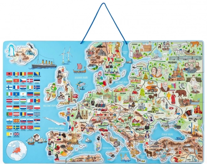 Woody magnetická mapa Európy s obrázkami a spoločenská hra, 3v1 v českom jazyku