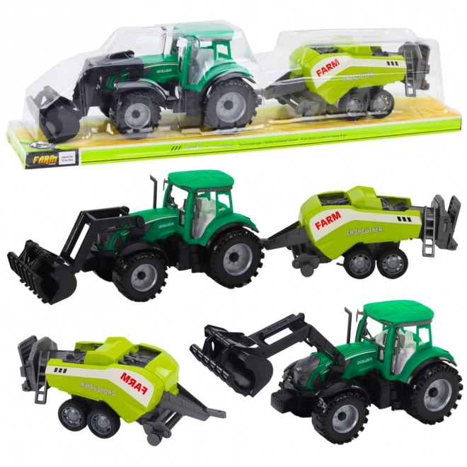 Zelený traktor s nakladačom a kompatibilným lisom na balíky