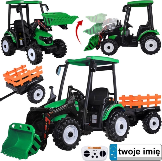 Elektrický traktor pre deti s prívesom a lyžicou 24 V – Zelená