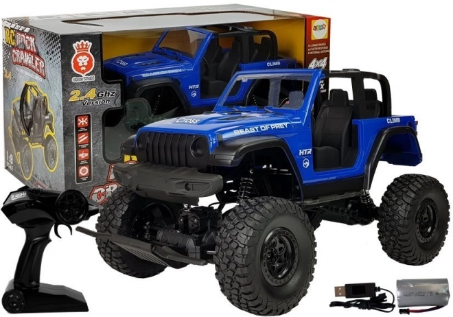 Zábavné RC auto JEEP 4x4 s terénnymi tlmičmi v modrej farbe