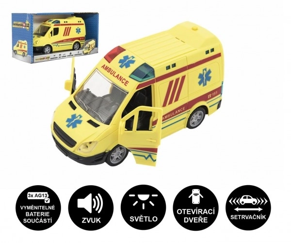 Ambulancia auto plast 20cm na zotrvačník na batérie so zvukom so svetlom v krabici 26x15x12cm