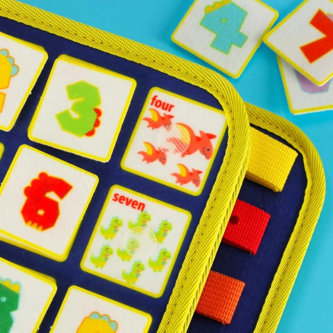 Montessori senzorická manipulačná doska s motívom dinosaura modrá