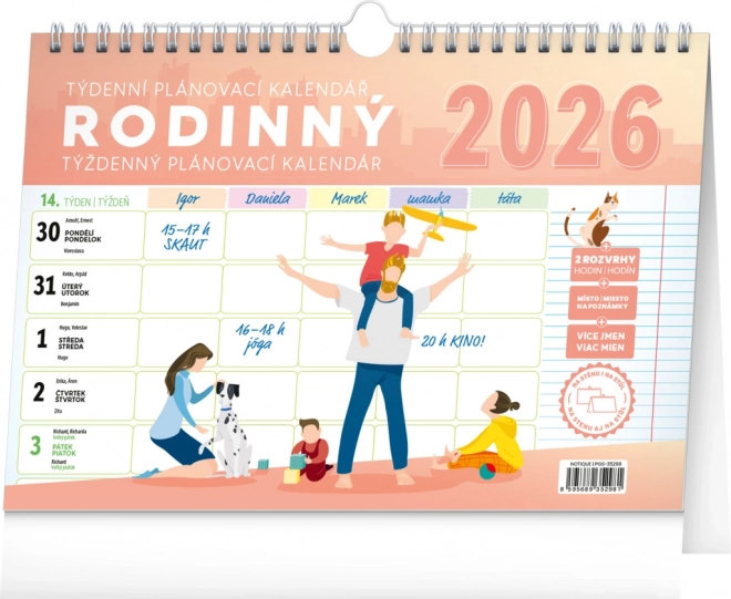 Notique týždenný rodinný plánovací kalendár s háčikom 2026