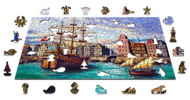 Drevené puzzle staré lode v prístave 2v1