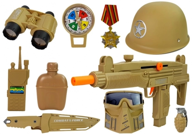 Militárna súprava pistolí a maska s prilbou a granátom