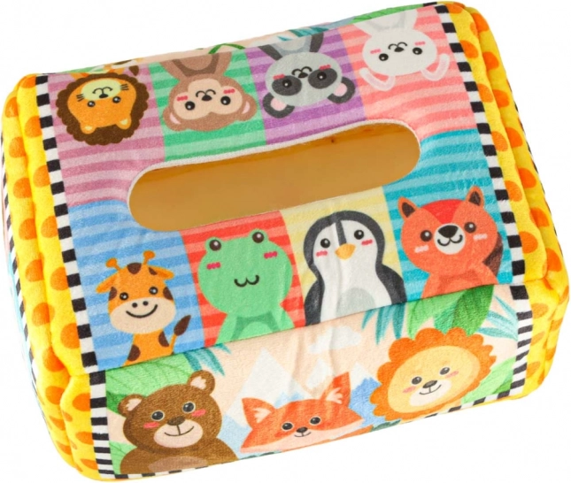 Montessori senzorický box s farebnými vreckovkami a zvieratkami