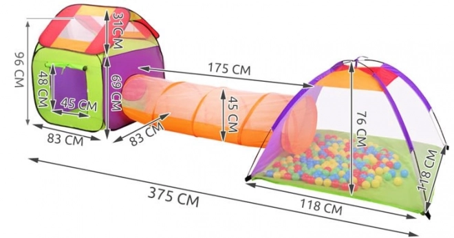 Detský stan s domčekom a tunelom s 200 loptičkami