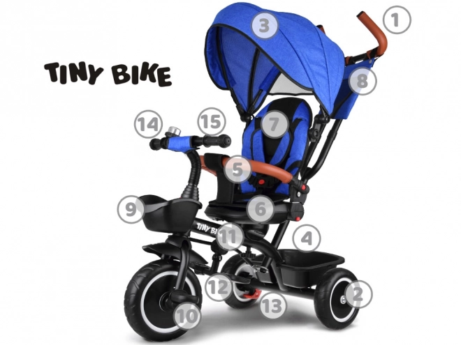 Detský trojkolkový bicykel Tiny Bike 3v1 s prístreškom – modrá