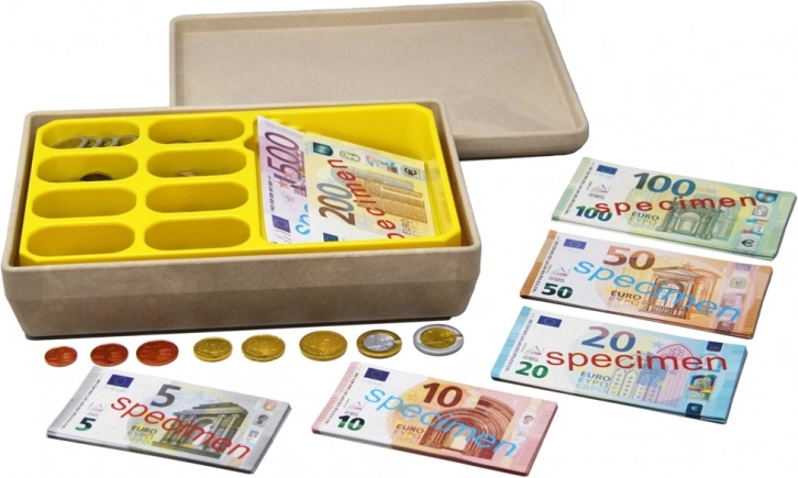 Detská pokladňa s euromými bankovkami a mincami