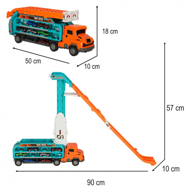 Pretekárska dráha s oranžovým automobilovým transporterom