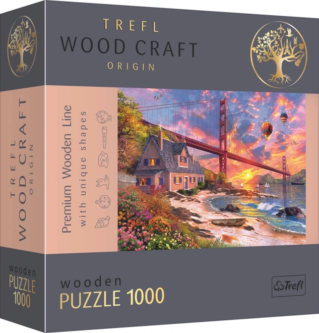 Trefl Wood Craft Origin puzzle Západ slnka nad Golden Gate 1000 dielikov