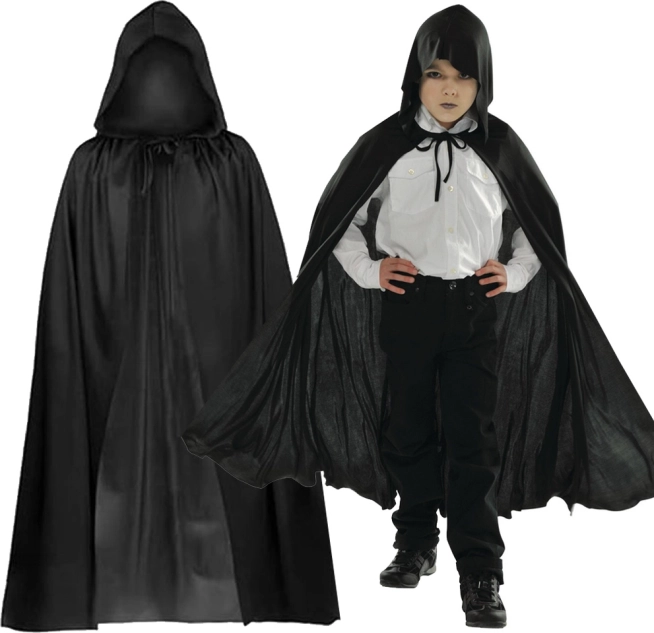 Detský čierny plášť s kapucňou na Halloween a karneval