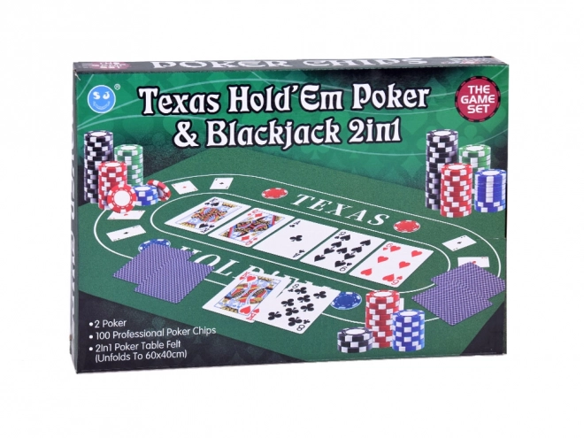 Karetná hra set 2v1 Poker a Blackjack so žetónmi, kartami a doskou
