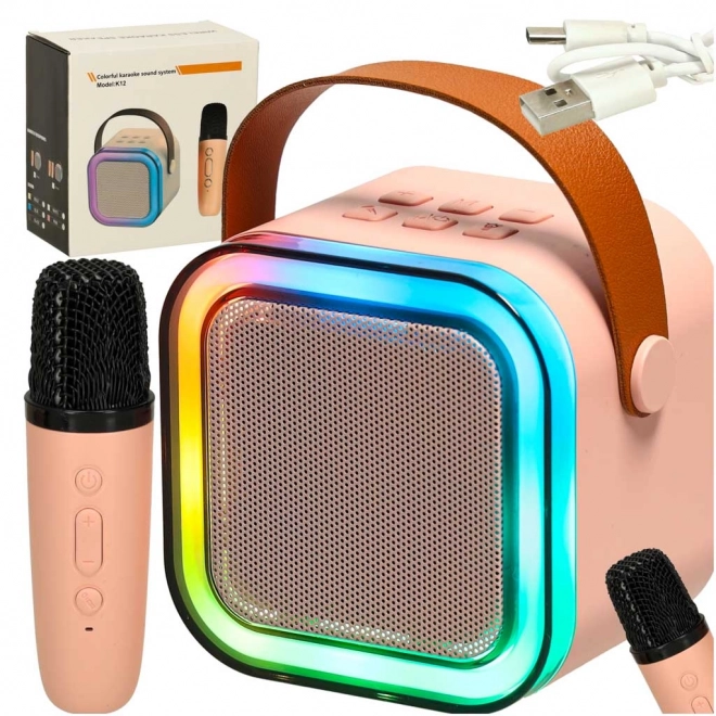 Karaoke sada s mikrofónom a prenosným bluetooth reproduktorom s USB a LED - ružová