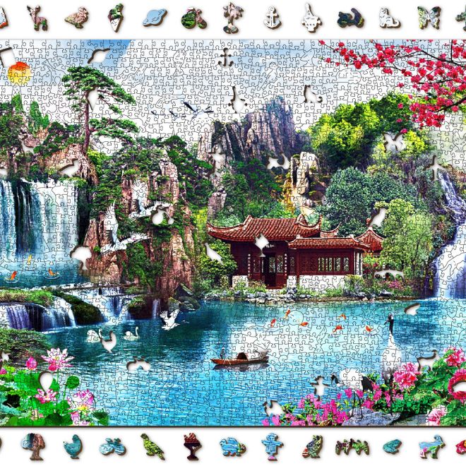 Drevené puzzle Vodopády v Japonskej Záhrade 2v1, 2000 dielikov