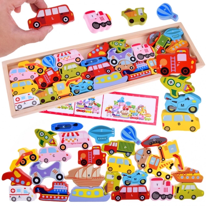 Veľká sada Vozidlá s písmenkami - Drevené puzzle pre deti