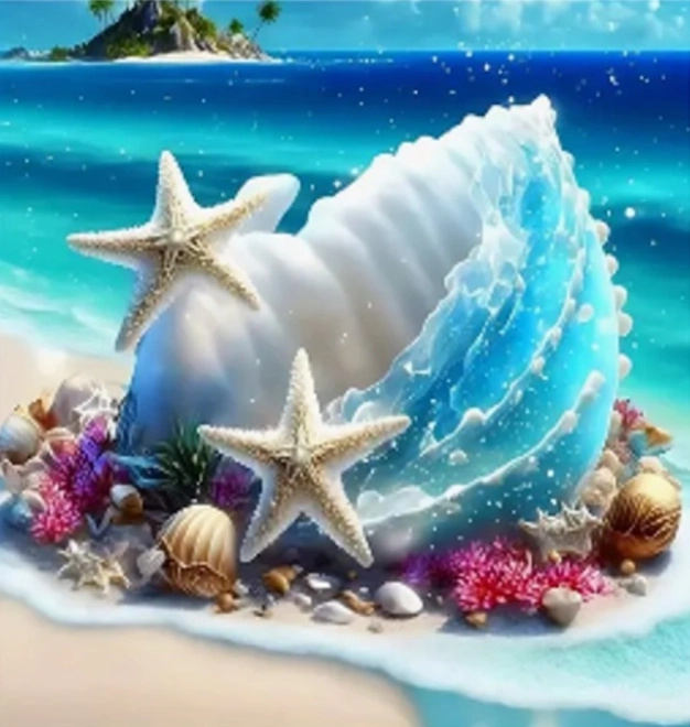 Diamantové maľovanie – mušle na ostrove 30 × 40 cm