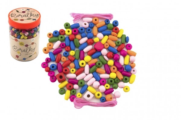 TEDDIES Korálky drevené farebné s gumičkami cca 90 ks v plastovej dóze