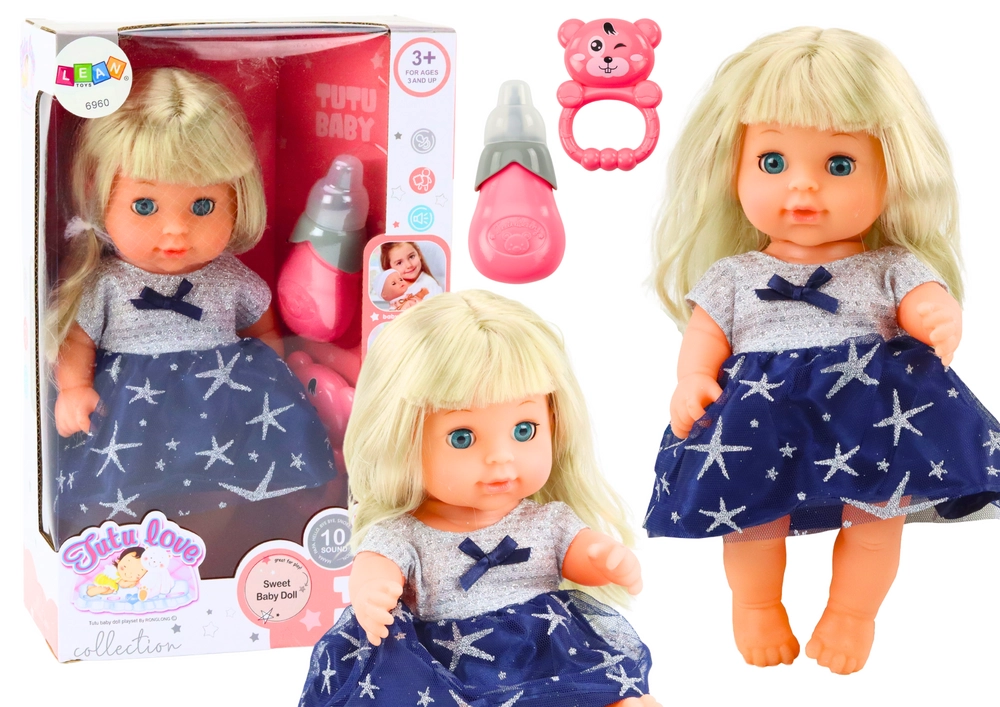 E-shop LeanToys Panenka v tmavě modrých šatech chrastítko čůrající lahvičky
