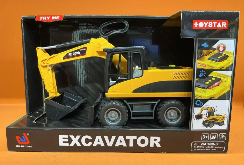 žltá stavebná hračka – bager s pohyblivými lyžicami