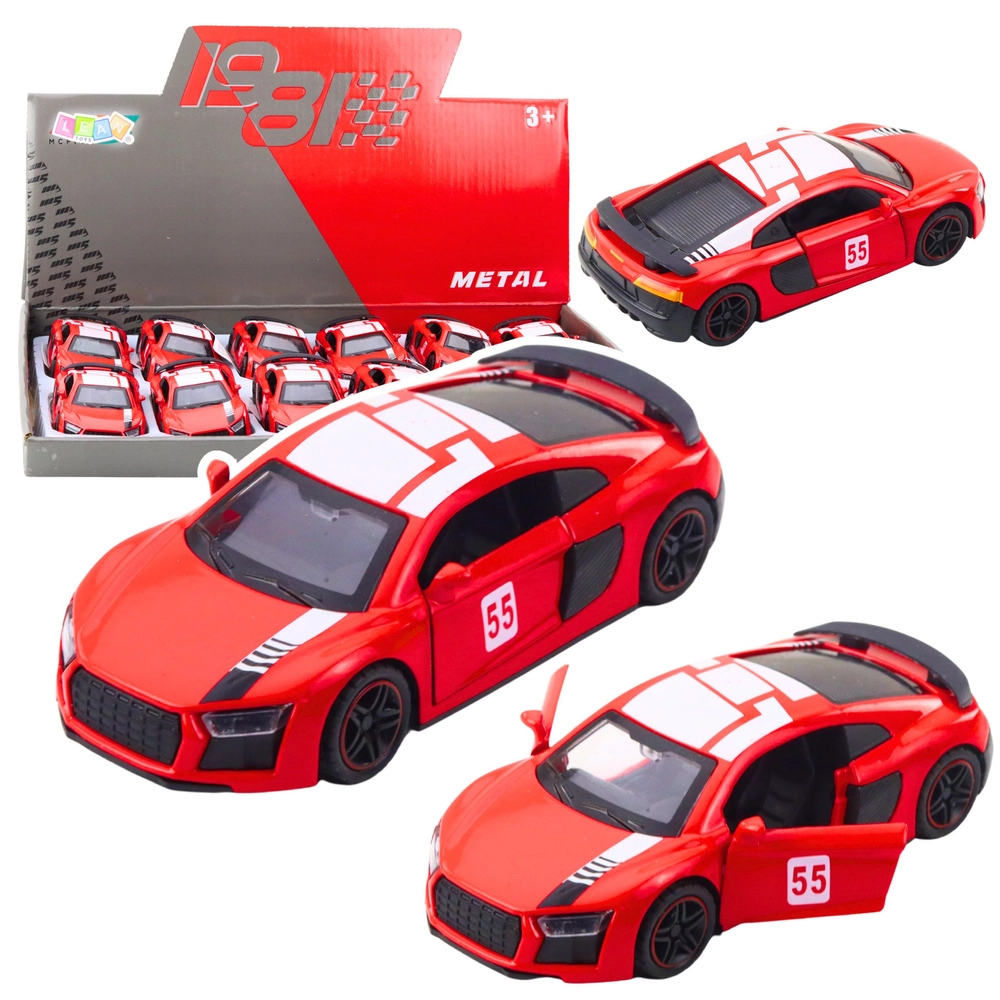 Kovový športový model auta 1:43 s pohonom pull back, otváracími dverami a svetlo červený