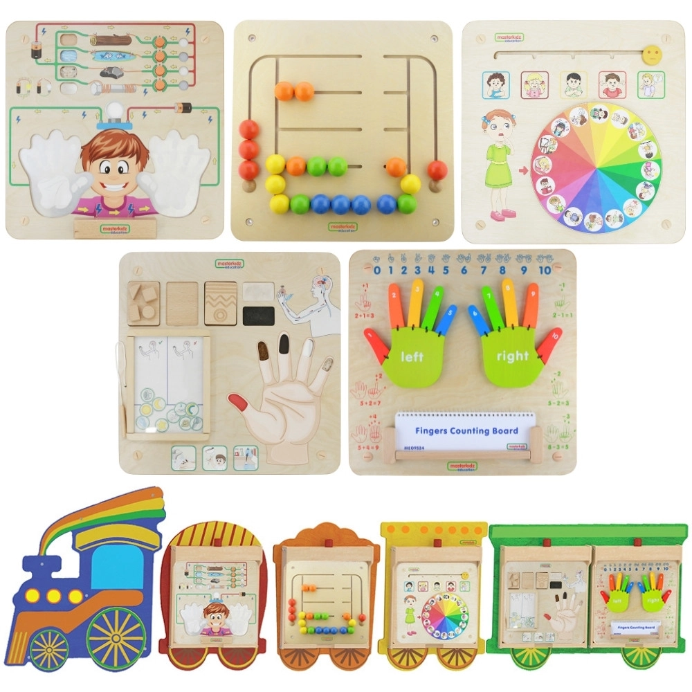 E-shop Masterkidz Flex vlaková sada 5v1 – nástenné zmyslové a motorické tabule