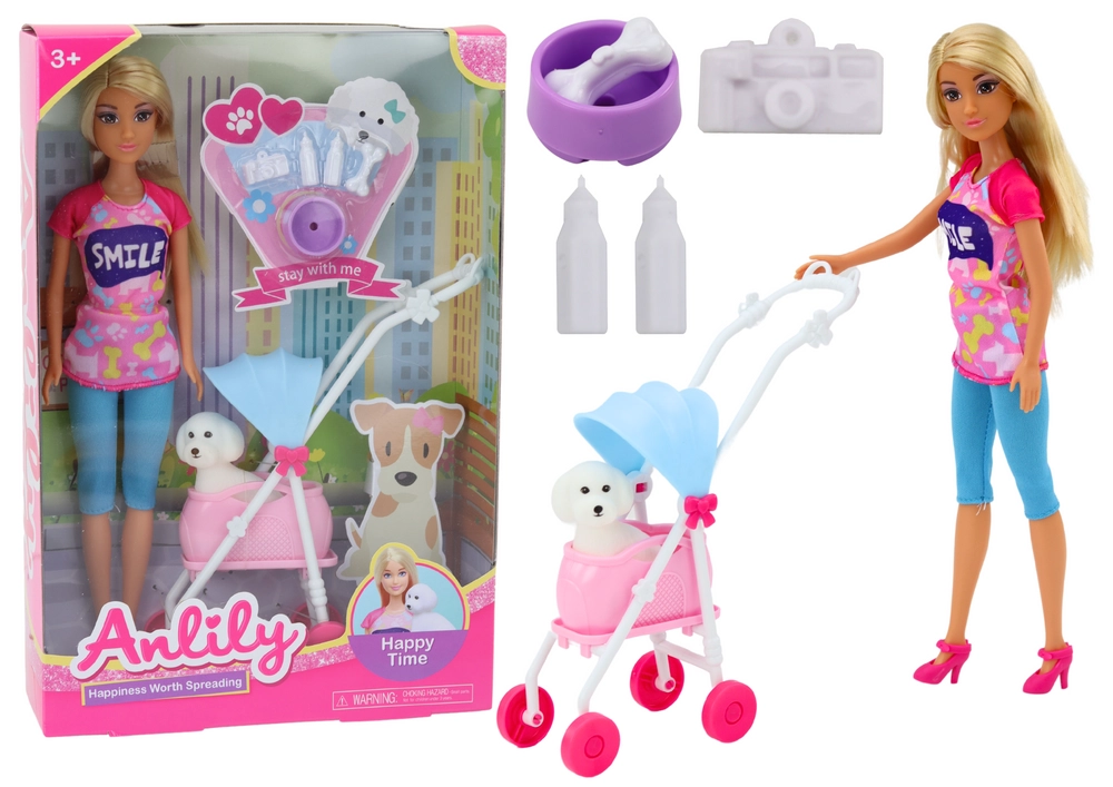 E-shop LEAN Toys Anlily so psom v kočíku miska na fľašu s kosťou