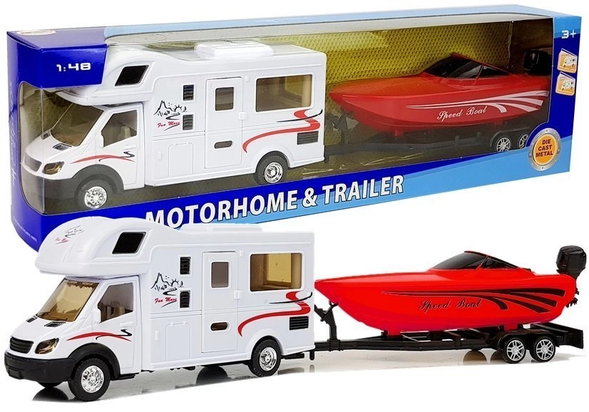 E-shop Hračka karavan s červeným člnom a zotrvačníkom 1:48