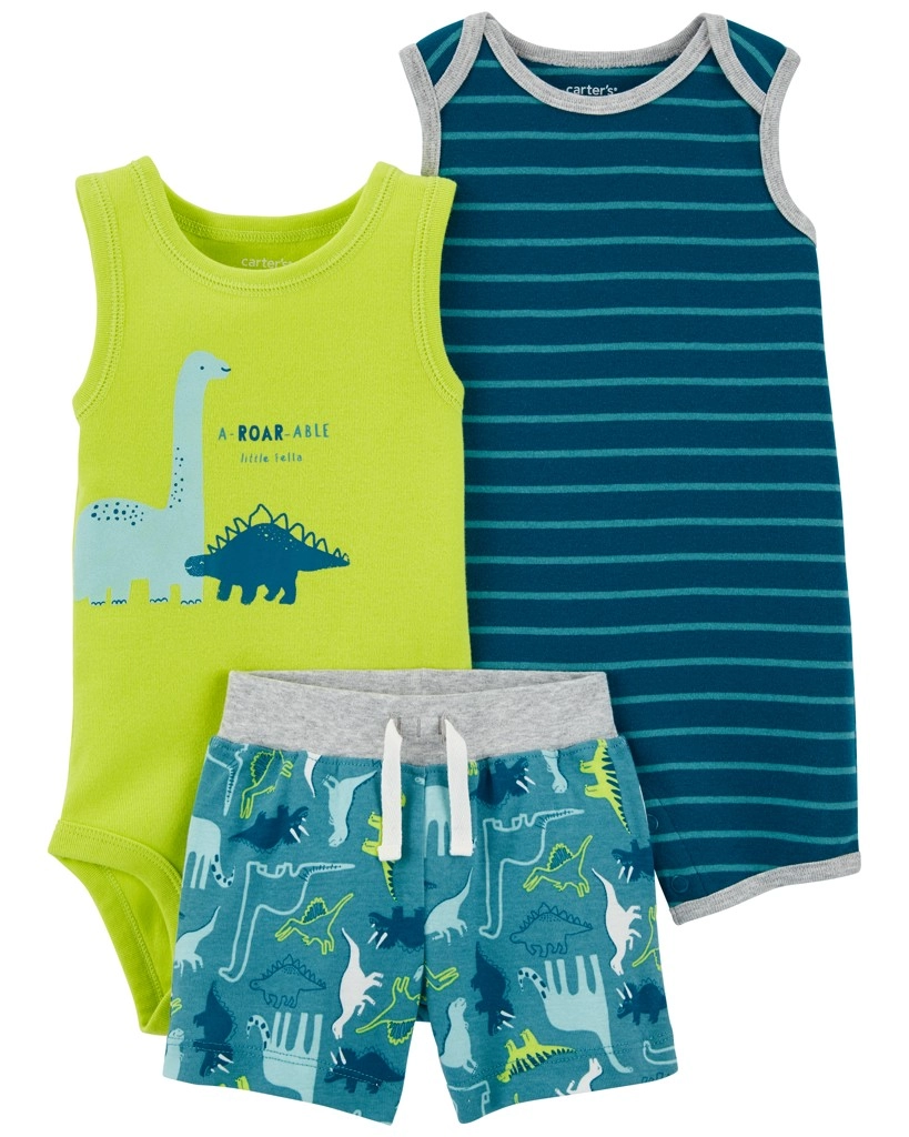E-shop Carter’s Set 3dielny overal letný kr. rukáv body bez rukávov kraťasy Stripes Dinos chlapec