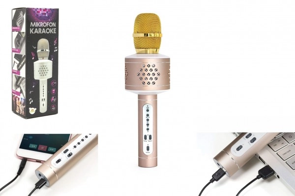 E-shop Mikrofón karaoke Bluetooth zlatý na batérie s USB káblom