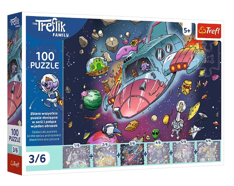 Puzzle Trefl Rodina Treflíkov vo vesmíre: Gonduš v rakete – 100 dielikov