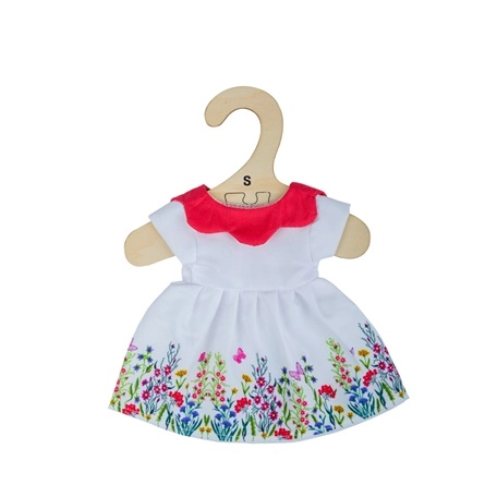 E-shop Bigjigs Toys Biele kvetinové šaty s červeným golierom pre bábiku 28 cm