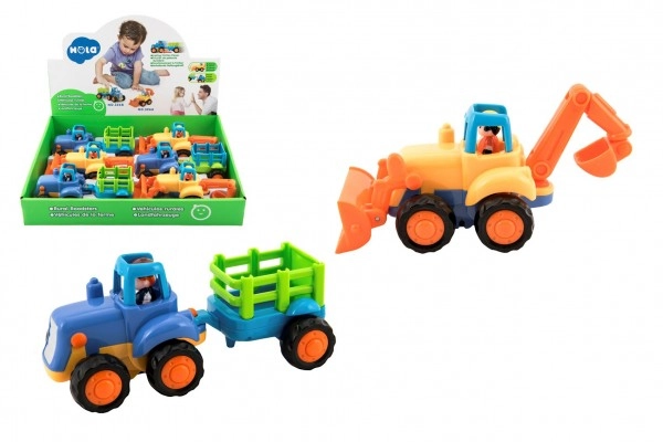 Teddies Traktor s vlekom / Buldozér plast 16cm pre najmenších na zotrvačník 6ks v boxe 18m +