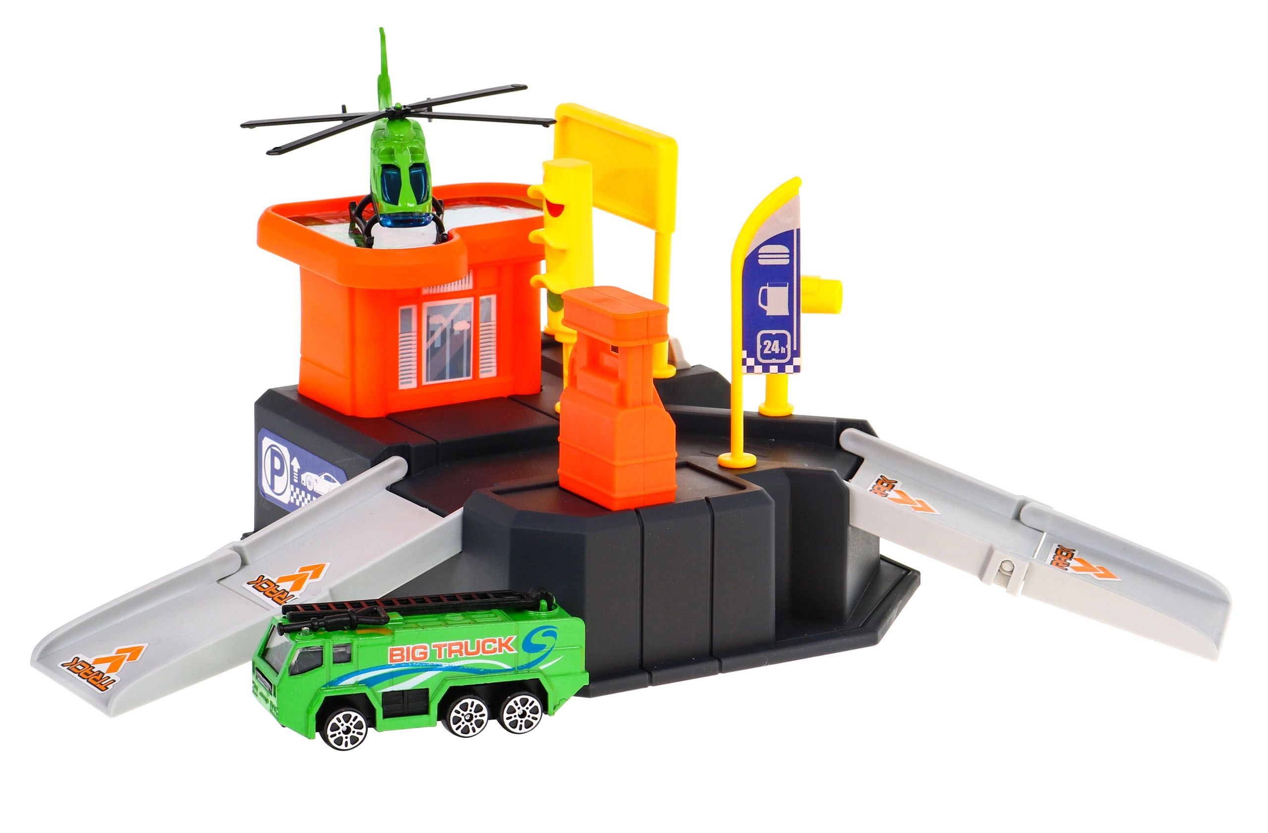 Majlo Toys Parkovacia garáž s autíčkom helikoptérou a hracou podložkou Racing Garage