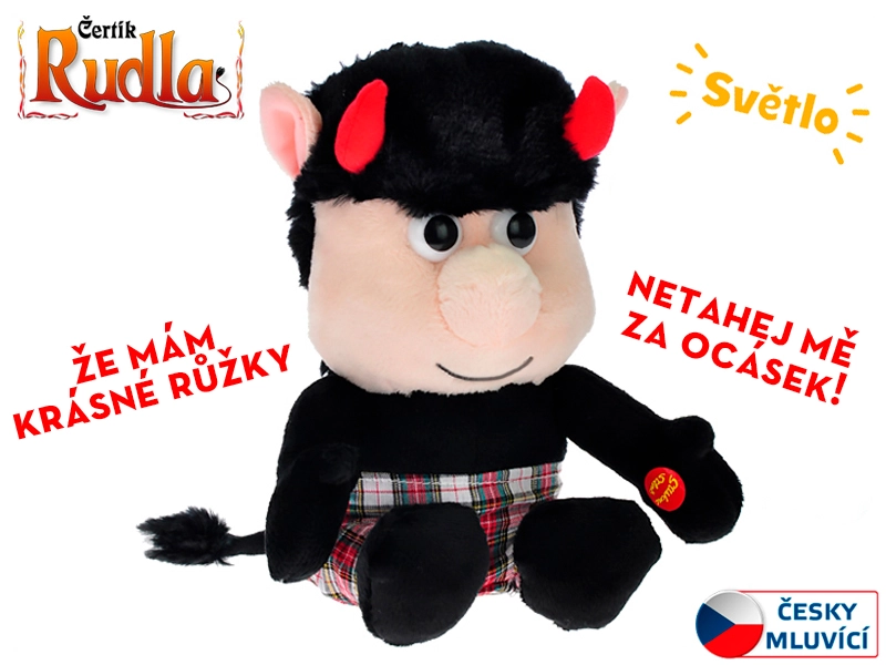 Plyšový čertík Rudla 20 cm – hovoriaca hračka so svietiacimi rožkami