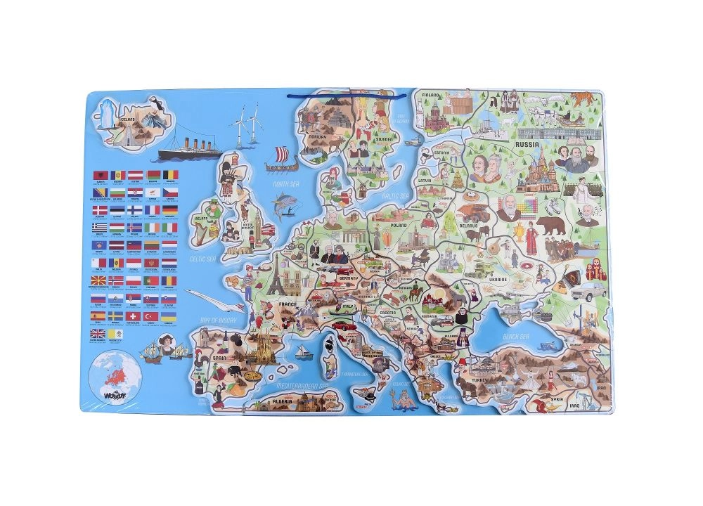 E-shop Woody Magnetická mapa Európy s obrázkami a spoločenskou hrou, 3v1
