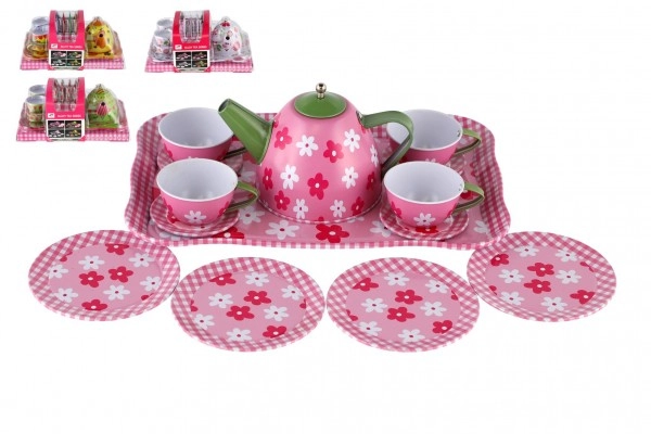 E-shop Teddies Čajová sada nádobí plech 14 ks 4 barvy v blistru 25 x 17 x 11 cm