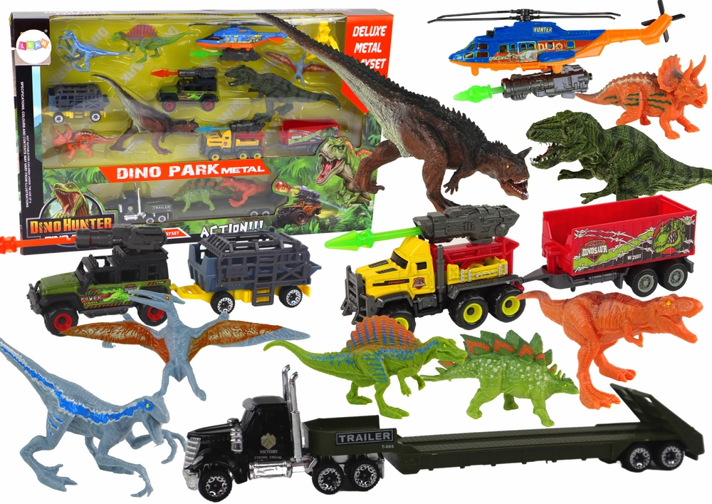 Lean Toys Súprava vozidiel a Dinosaurov – modrý Vrtuľník 8ks.