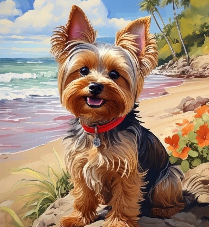 Diamantové maľovanie jorkšír na pláži 30 × 40 cm