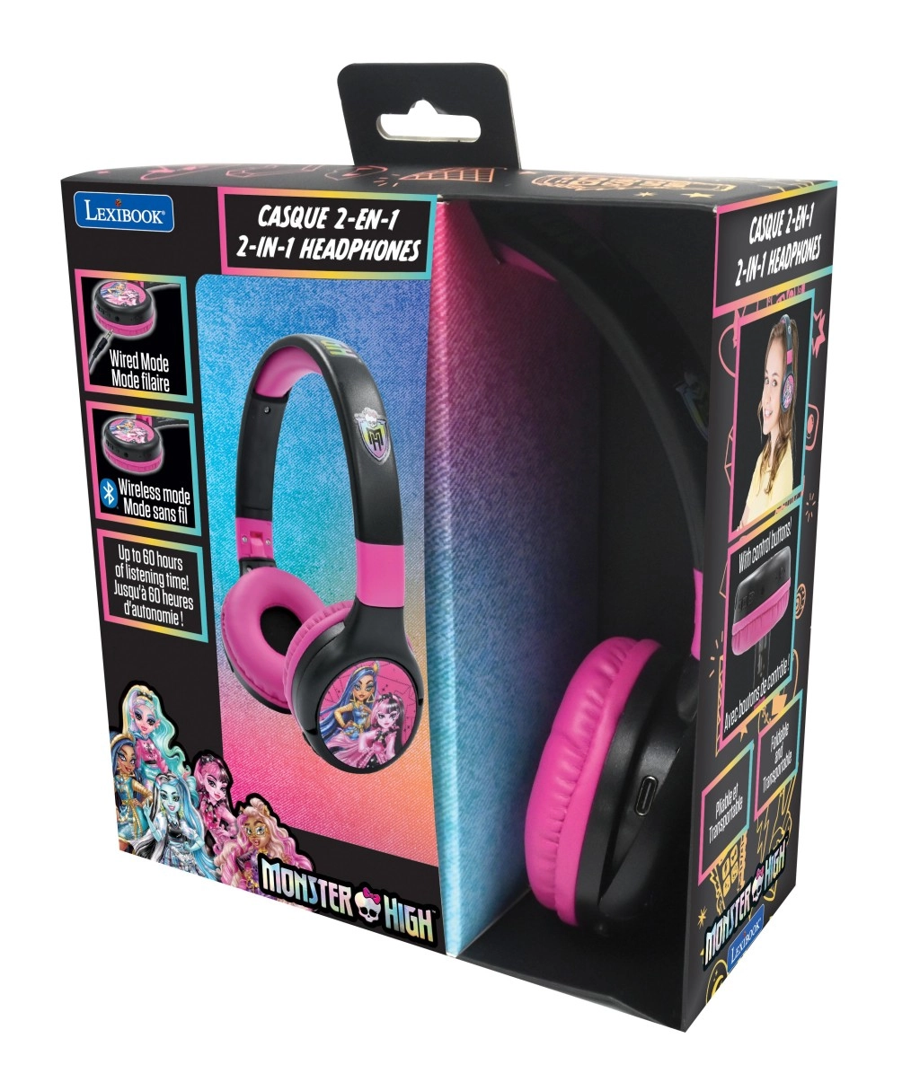 Lexibook 2v1 bluetooth skladacie detské slúchadlá MONSTER HIGH s obmedzením hlasitosti